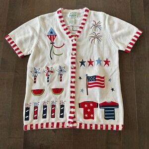 The‎ Quaker Factory Vintage 4th of July Ugly Sweater Embroidered Beaded Party 8